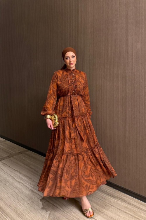 Aleda Kiremit Desenli Elbise