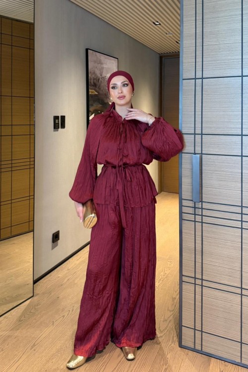 Bensu Pantolonlu Takım Bordo