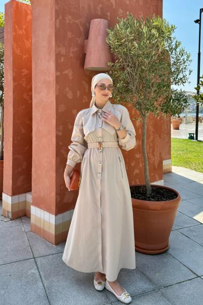 Berna Trenç Elbise Bej