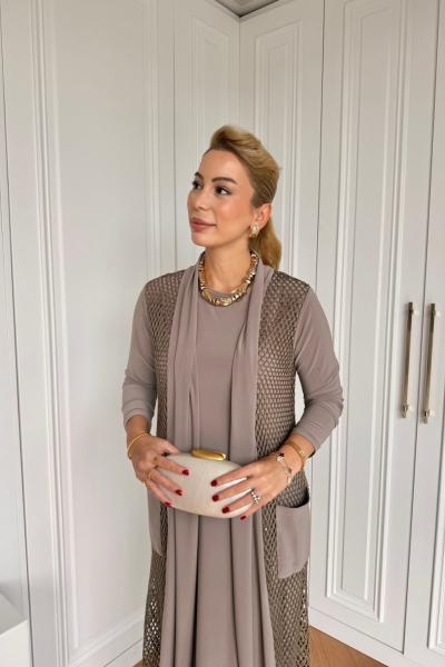 İkbal Elbise Takım Vizon