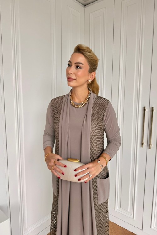 İkbal Elbise Takım Vizon