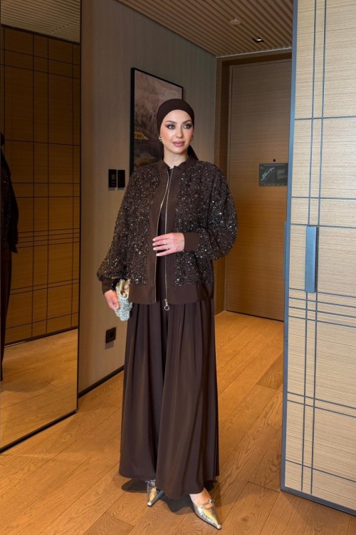 İlkay Kahverengi Pullu Takım