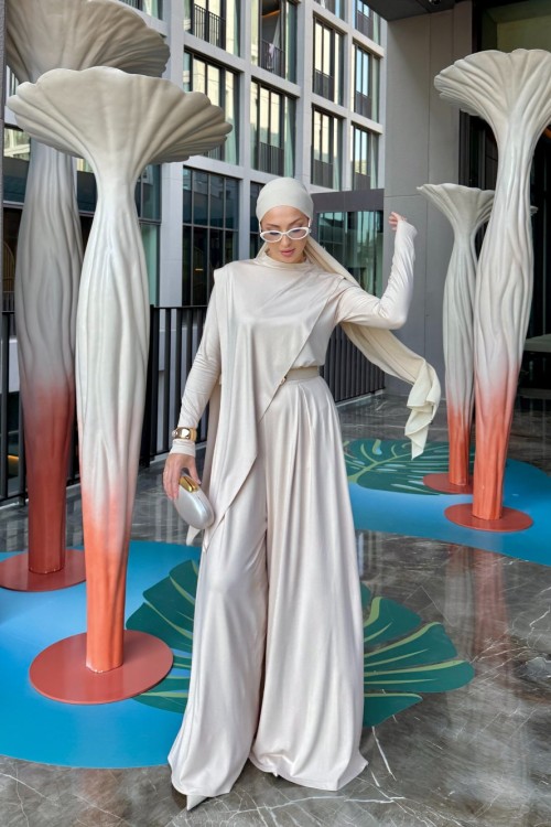 Müjde Pantolonlu Takım Krem