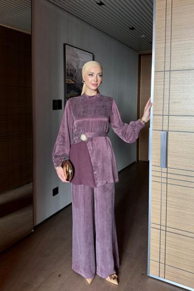 Nehir Pantolonlu Takım Mürdüm