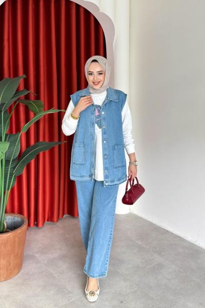 Nermin 3 lü Pantolonlu Takım Açık Mavi