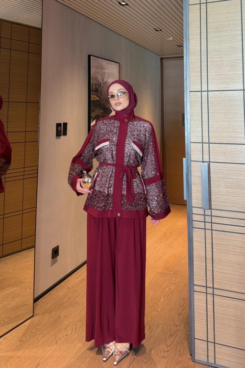 Şahide Pantolon Takım Bordo