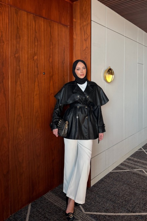 Saliha Deri Trençkot Siyah