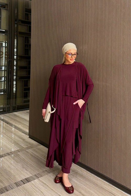 Zarife  Üçlü Pantolon Takım Mor