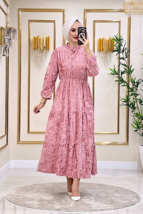 Ayşegül Kadife Elbise - Pudra