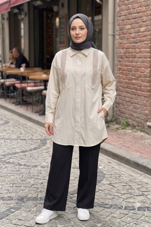 Payetli Tunik - Krem