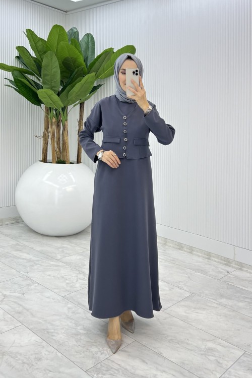 Antrasit Hasibe Elbise Takım Tesettür Giyim