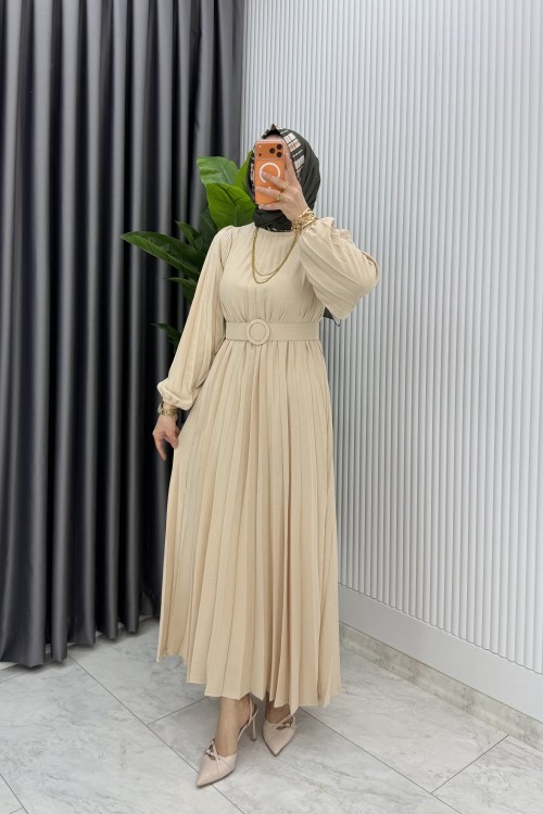 Bej Hifa Piliseli Elbise Tesettür Giyim