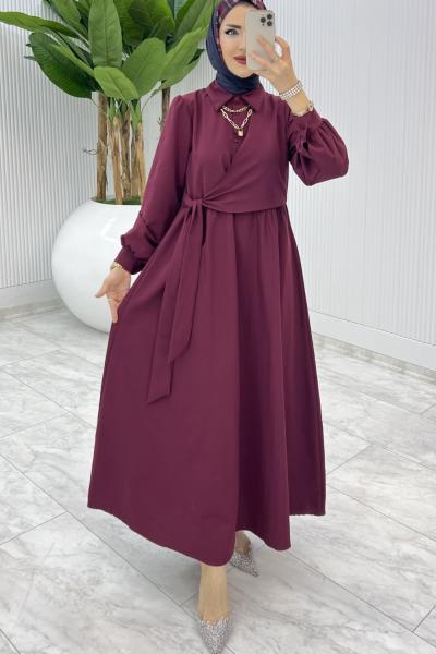 Bordo Bağlamalı Elbise Tesettür Giyim
