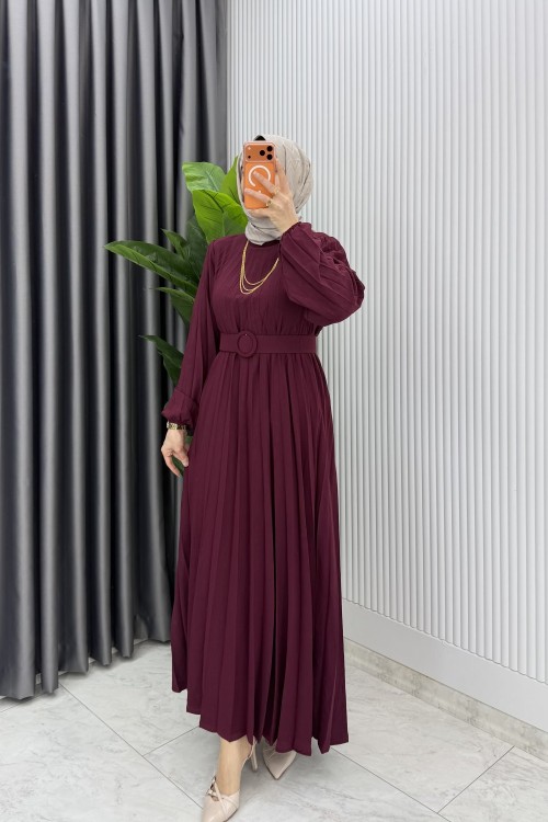 Bordo Hifa Piliseli Elbise Tesettür Giyim