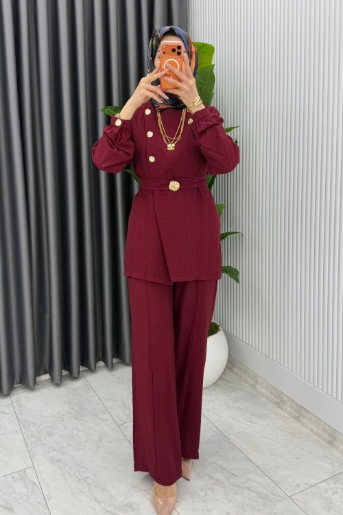 Bordo Premium Kemerli Gözde Takım Tesettür Giyim