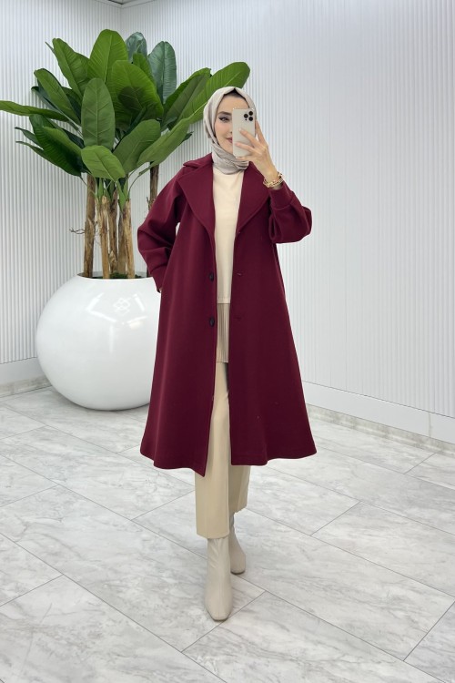 Bordo Premıum Defne Kaşe Kaban Tesettür Giyim