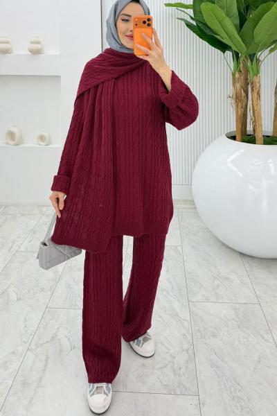 Bordo Premıum Atkılı Triko Takım Tesettür Giyim