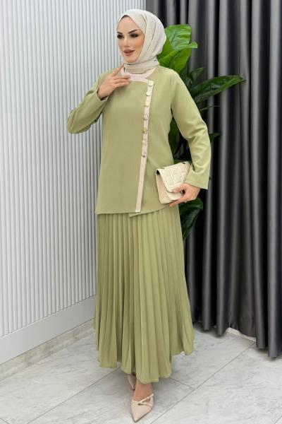 Çağla Yeşili Rabia Etek Takım Tesettür Giyim