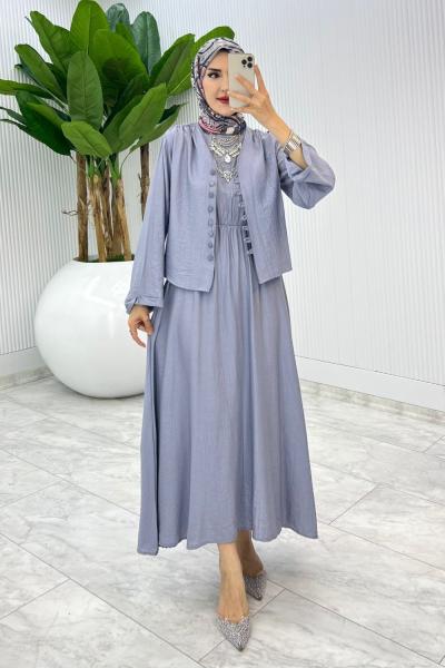 Gri Halime Elbise Takım Tesettür Giyim