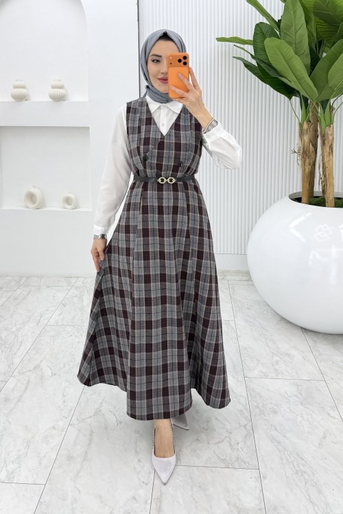 Gri Leyla Ekose Jile Tesettür Giyim