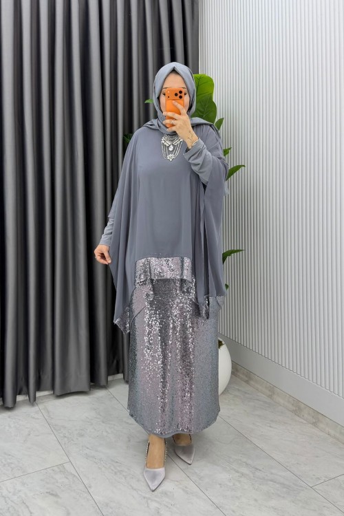 Gri Premium Fatma Payetli Etek Takım Tesettür Giyim