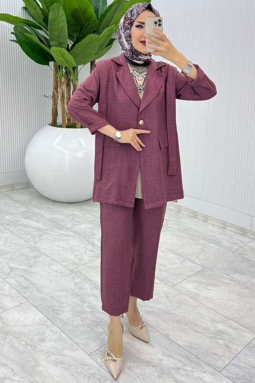 Gül Tek Düğme Ceket Takım Tesettür Giyim