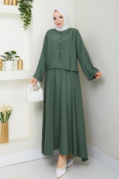 Haki  Modadüğme Elbise Takım Tesettür Giyim