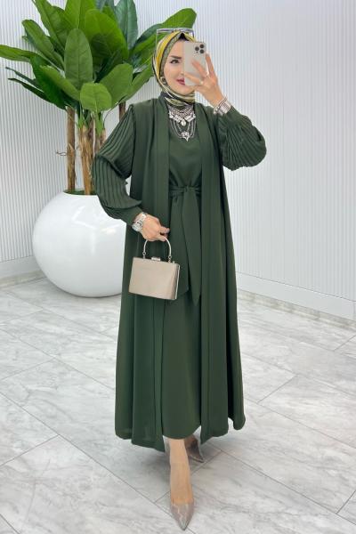 Haki Premium Melek Abaya Takım Tesettür Giyim