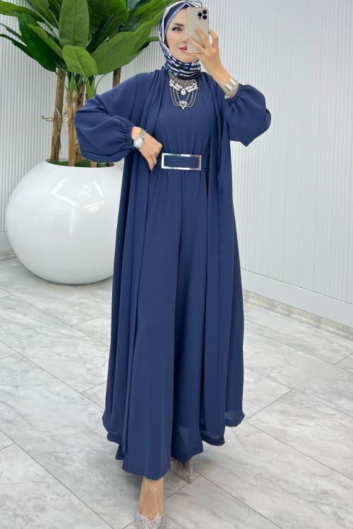 İndigo Premium Silva Tulumlu Abaya Takım Tesettür Giyim