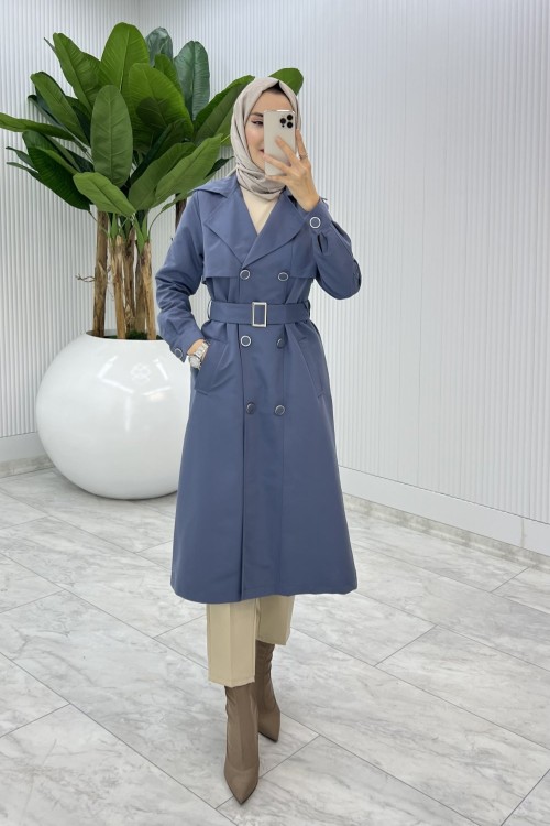 İndigo Premium Astarlı Eylem Trench Tesettür Giyim