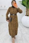 Kahve Leopar Yün Efekt Tiko Elbise Tesettür Giyim