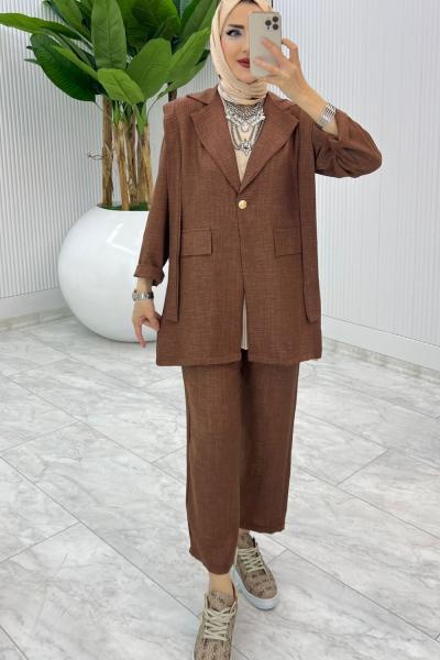 Kahve Tek Düğme Ceket Takım Tesettür Giyim