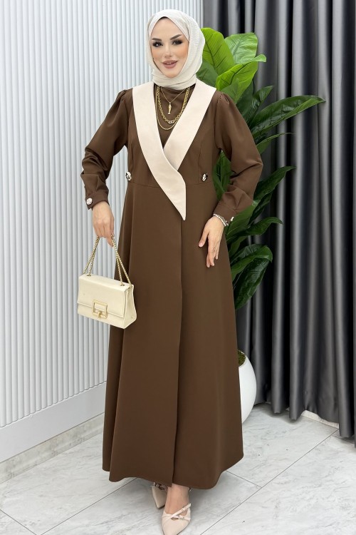 Kahve Yeşim Uzun Ceket Kap Ferace Tesettür Giyim