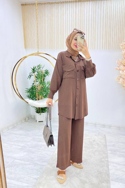 Kahverengi Esra Takım Tesettür Bürümcük Kumaş Büyük Beden Seçeneği