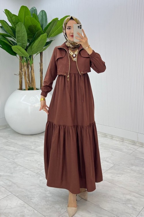 Kahverengi Hicran Elbise Takım Tesettür Elbise