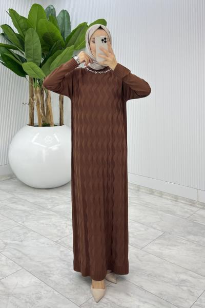 Kahverengi  İzel Triko Elbise Tesettür Giyim