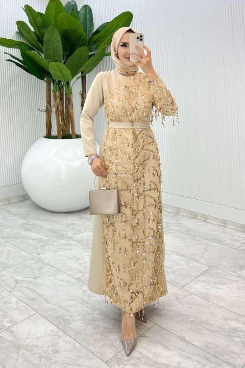 Krem Bihter Tasarım Elbise  Tesettür Giyim