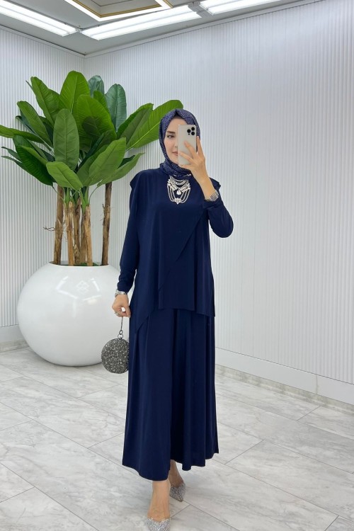 Lacivert Asimetrik Takım Tesettür Giyim