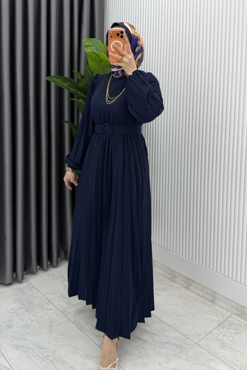 Lacivert Hifa Piliseli Elbise Tesettür Giyim