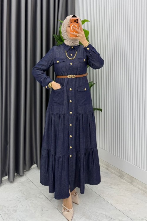 Lacivert Kemerli Eslem Kot Elbise Tesettür Giyim