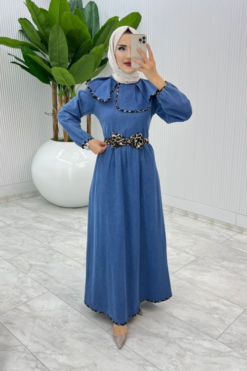 Leopar Premium Fiyınklu Kot Elbise Tesettür Giyim