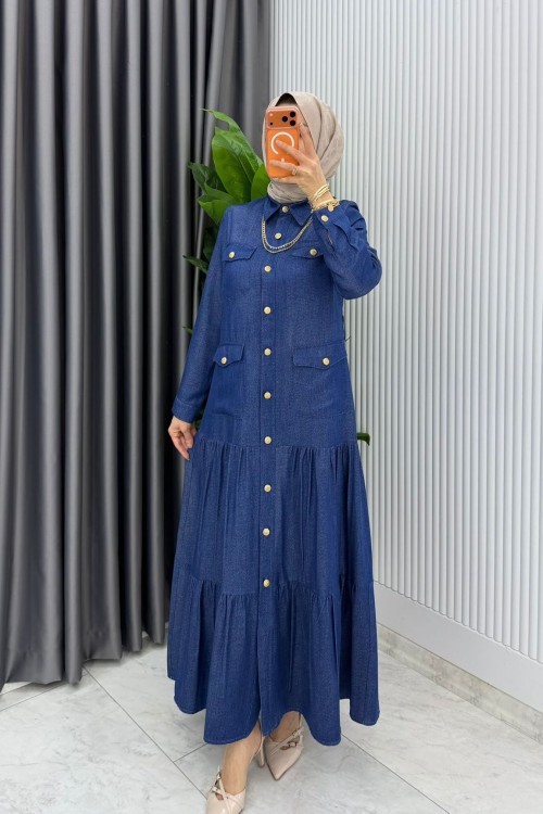 Mavi  Kemerli Eslem Kot Elbise Tesettür Giyim