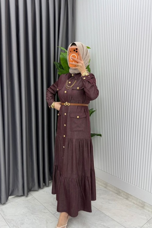 Mürdüm  Kemerli Eslem Kot Elbise Tesettür Giyim