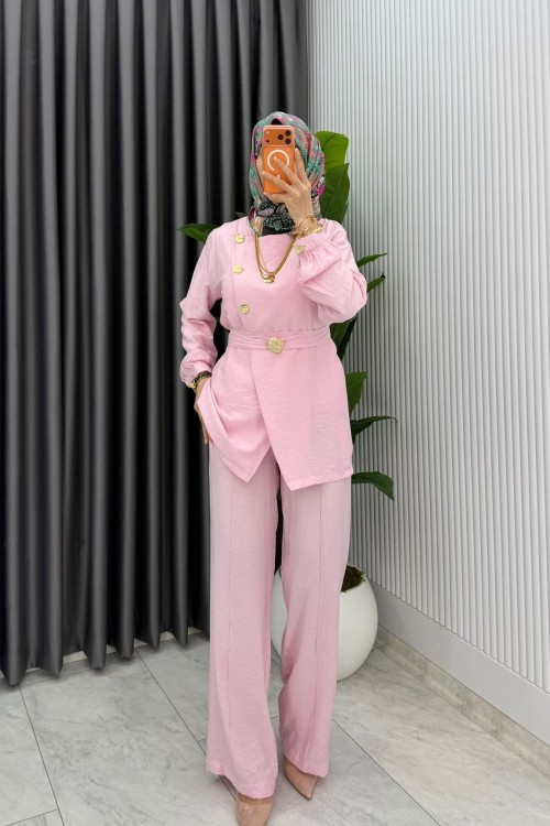 Pembe Premium Kemerli Gözde Takım Tesettür Giyim
