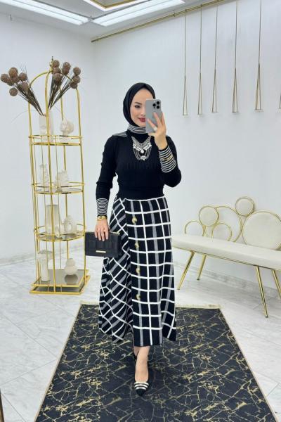 Siyah Ekose Triko Takım Tesettür Giyim