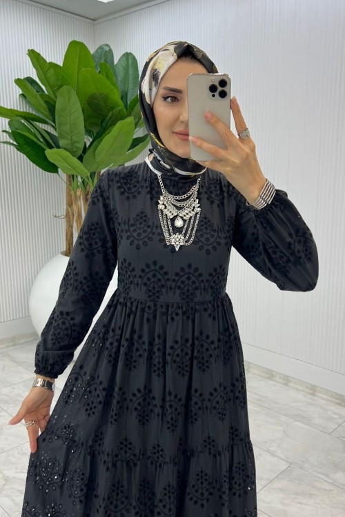 Siyah Jasmin Brode Elbise Tesettür Giyim