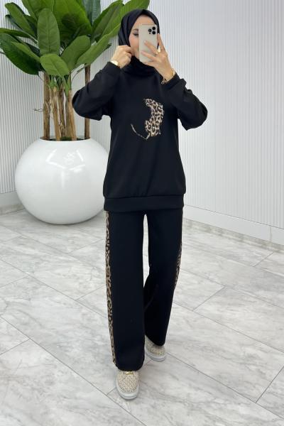 Siyah Leoparlı Scuba Takım Tesettür Giyim
