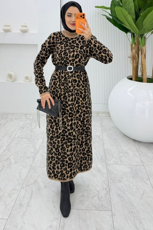 Siyah Leopar Yün Efekt Tiko Elbise Tesettür Giyim