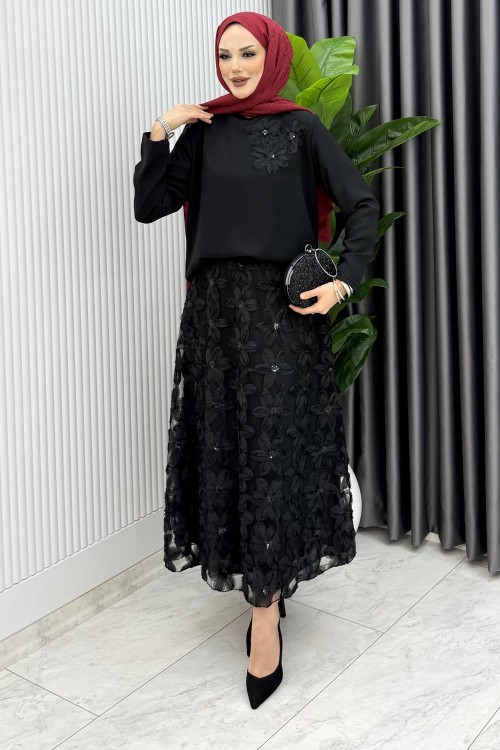 Siyah Orkide Etek Takım Tesettür Giyim