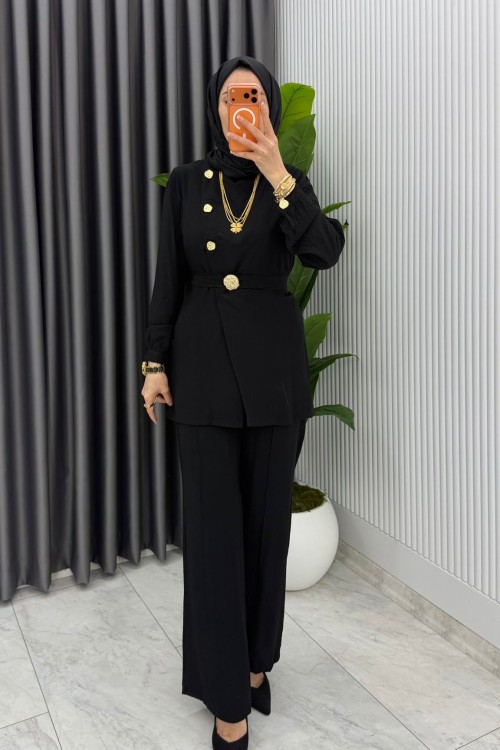Siyah Premium Kemerli Gözde Takım Tesettür Giyim